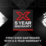 Winmau Blade X dartboard 5 year warranty on black background