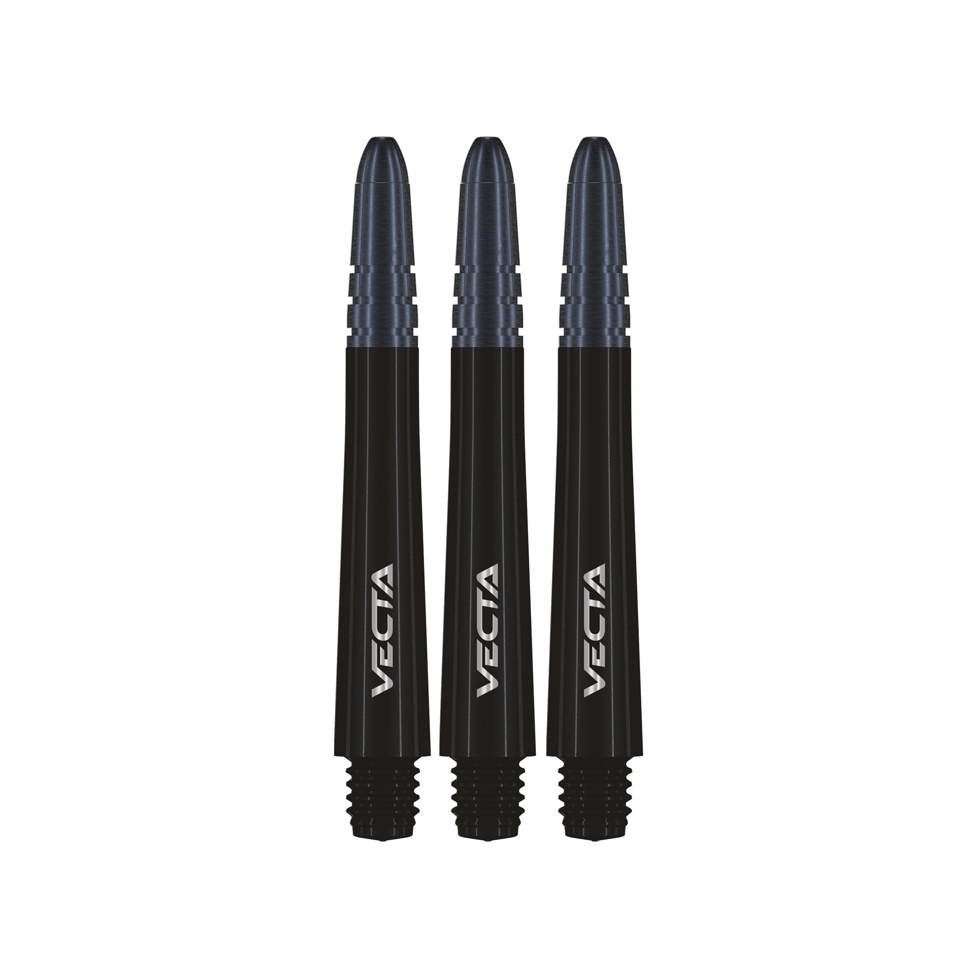 Three black dart shafts with 'Vecta' branding on a white background