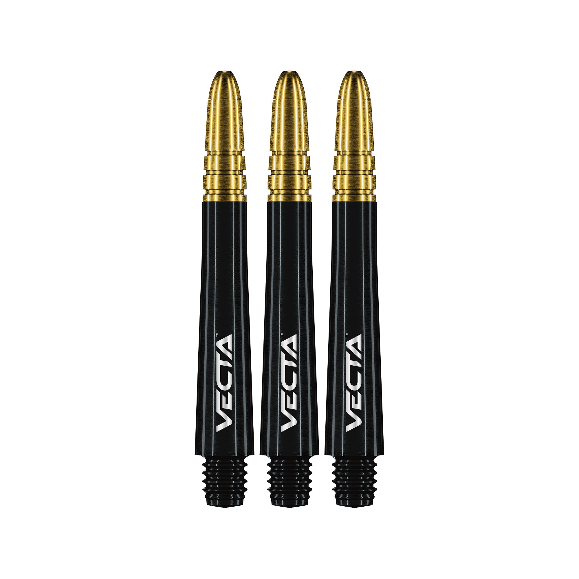 Three black dart shafts with gold tips labeled 'Vecta' on a white background