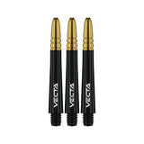 Three black dart shafts with gold tips labeled 'Vecta' on a white background