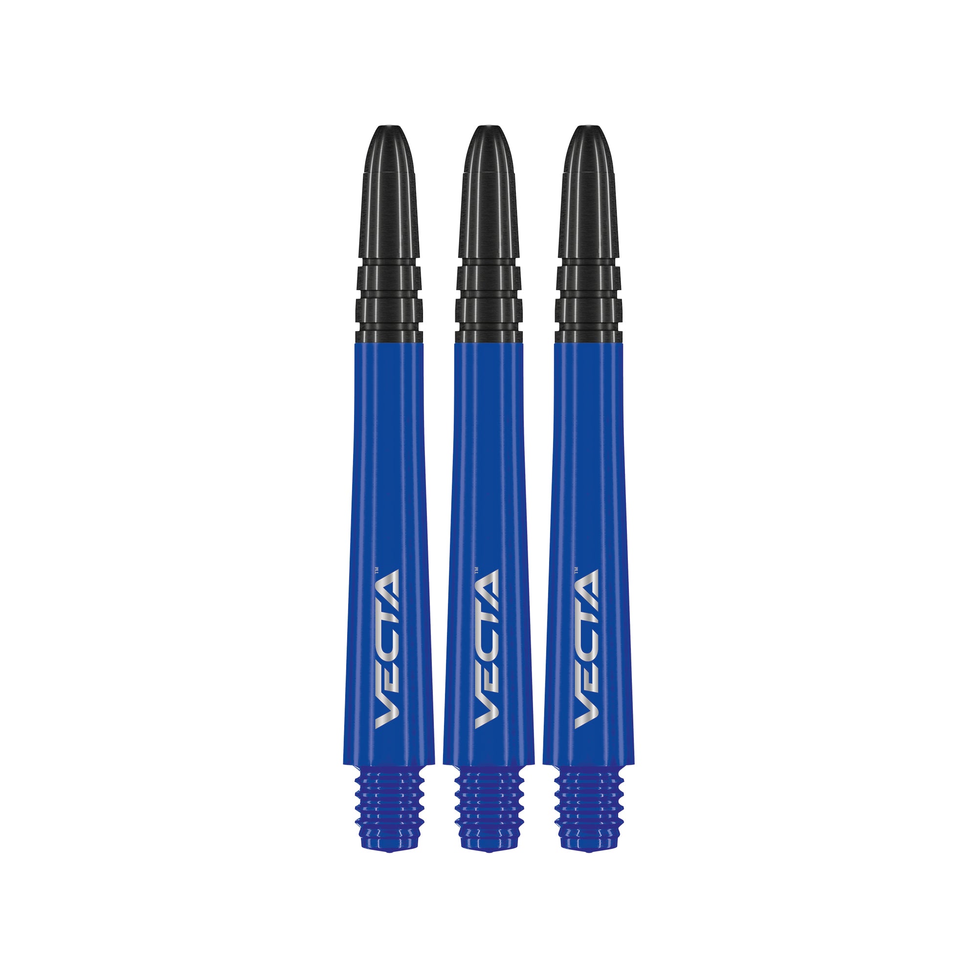 Three blue dart shafts with black tips on a white background, featuring the Vecta brand.