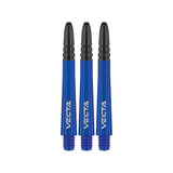 Three blue dart shafts with black tips on a white background, featuring the Vecta brand.