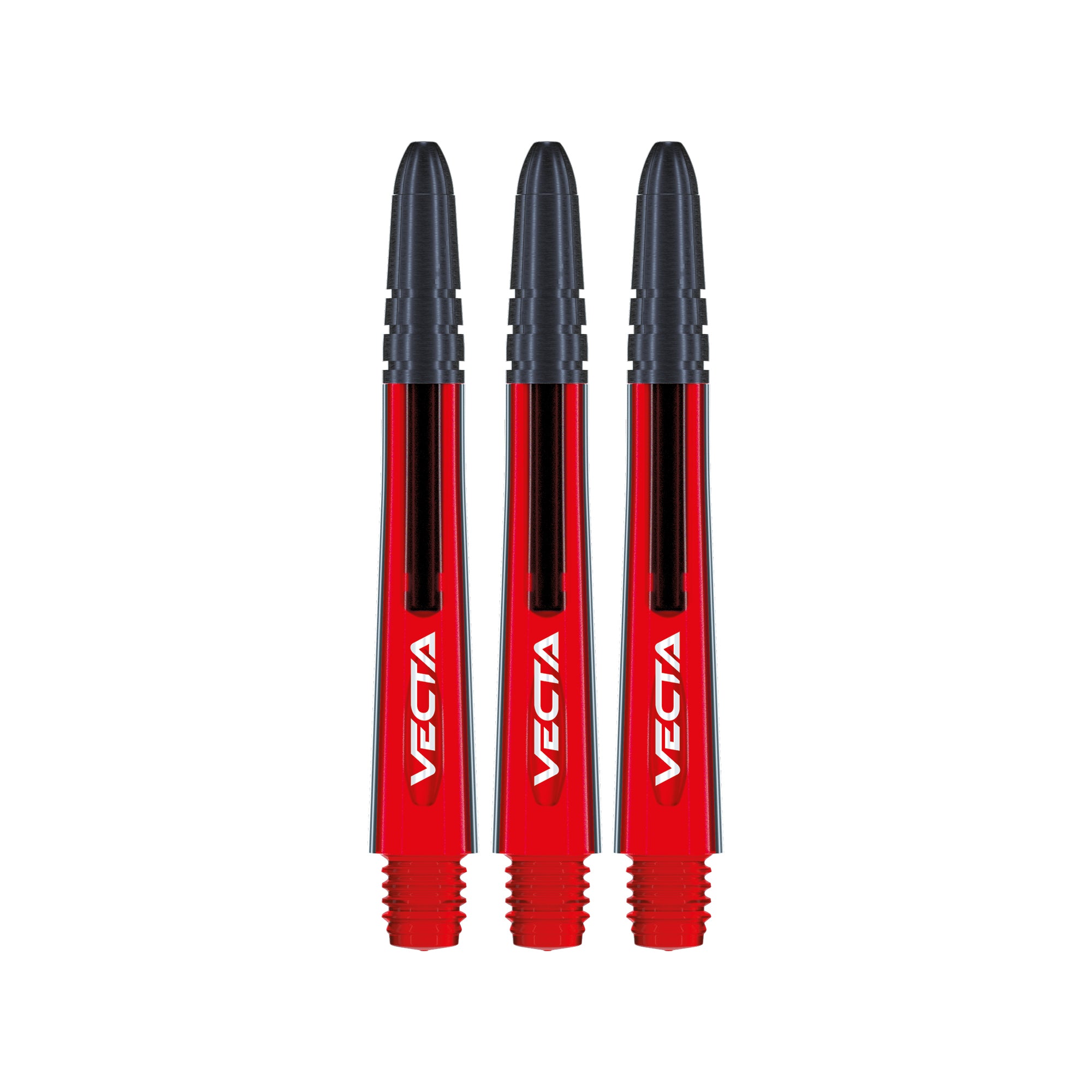 Three red and black Vecta dart shafts on a white background