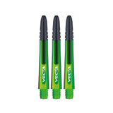 Three green dart shafts with black accents on a white background, featuring the Vecta brand.