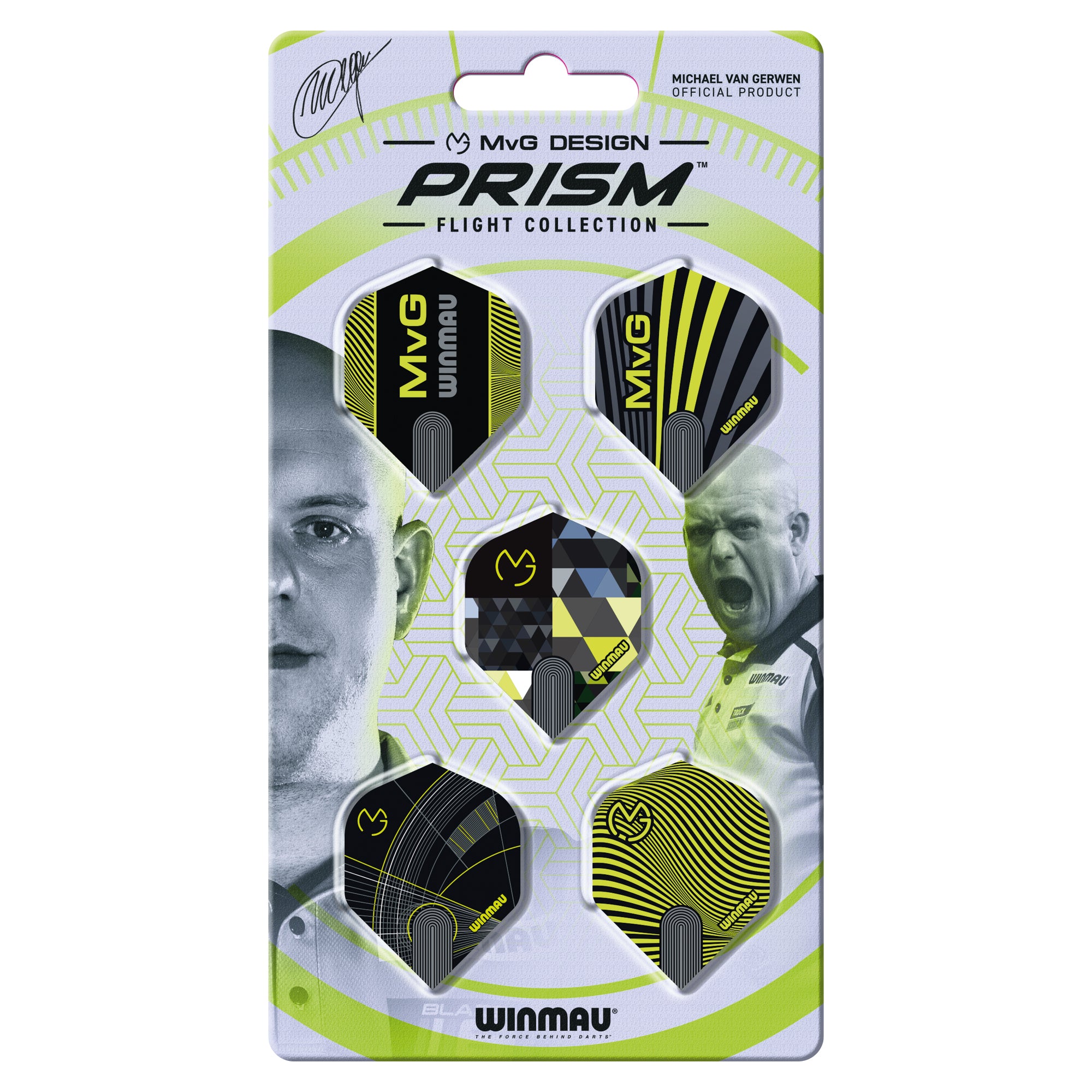 Packaged MVG Design Prism dart flights with Winmau branding on a white background