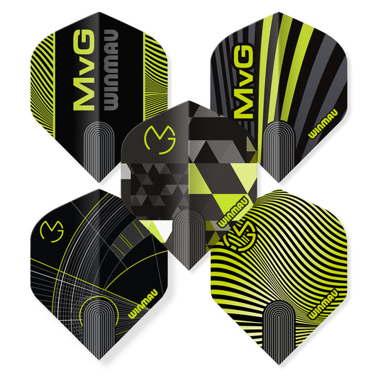 Black and yellow MVG Winmau dart flights on a white background