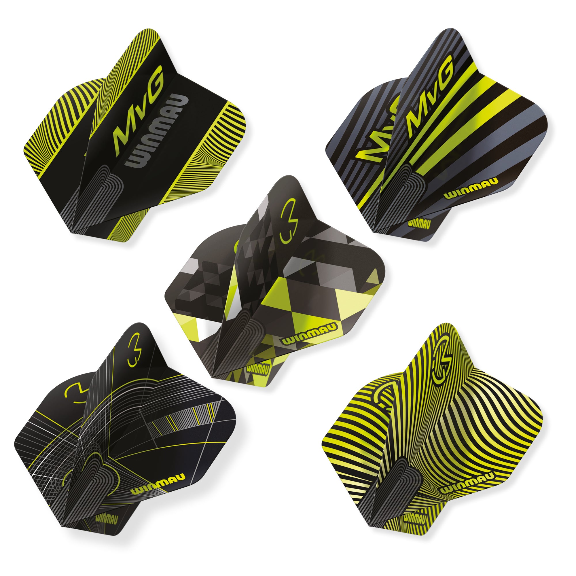 Five Winmau dart flights with black and yellow design on a white background
