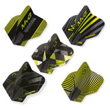 Five Winmau dart flights with black and yellow design on a white background