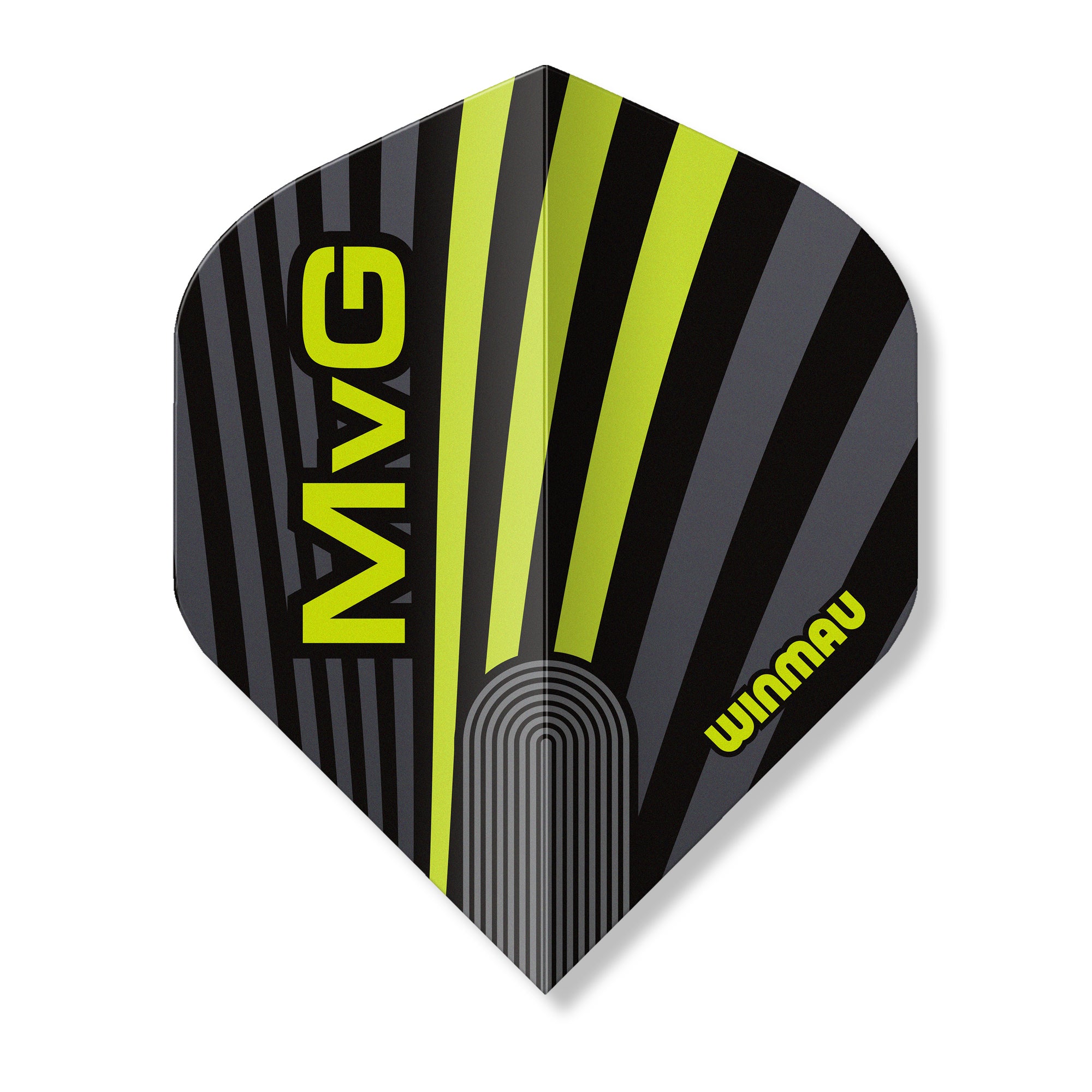 Dart flight with black and yellow design featuring 'MVG' and 'Winmau' branding on a white background.