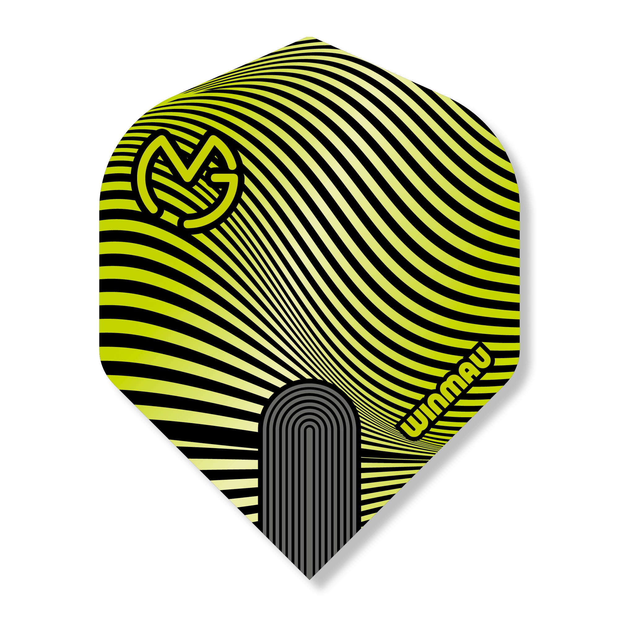 Dart flight with black and yellow striped pattern on a white background