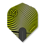 Dart flight with black and yellow striped pattern on a white background