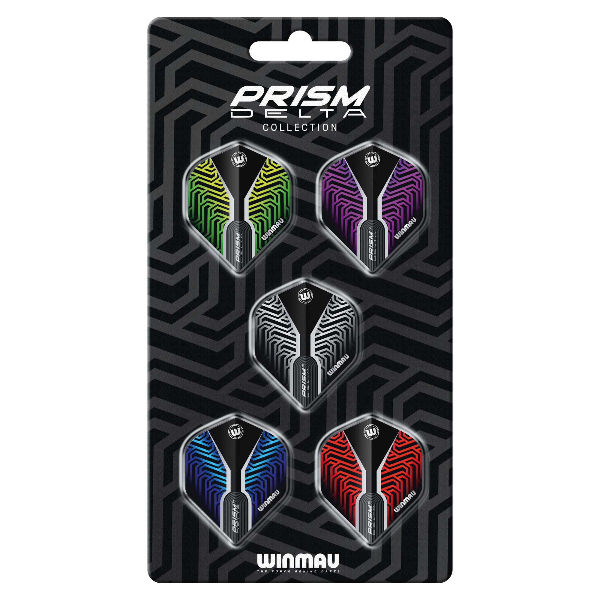 Pack of Winmau Prism Delta dart flights on a black packaging with geometric pattern