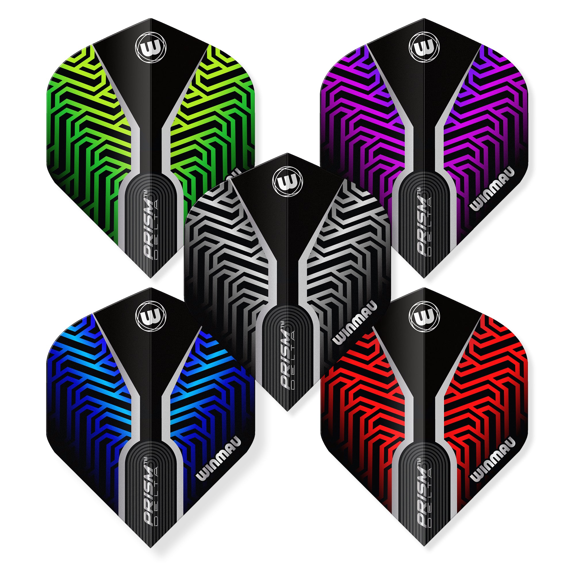 Set of Winmau Prism dart flights in various colors on a white background