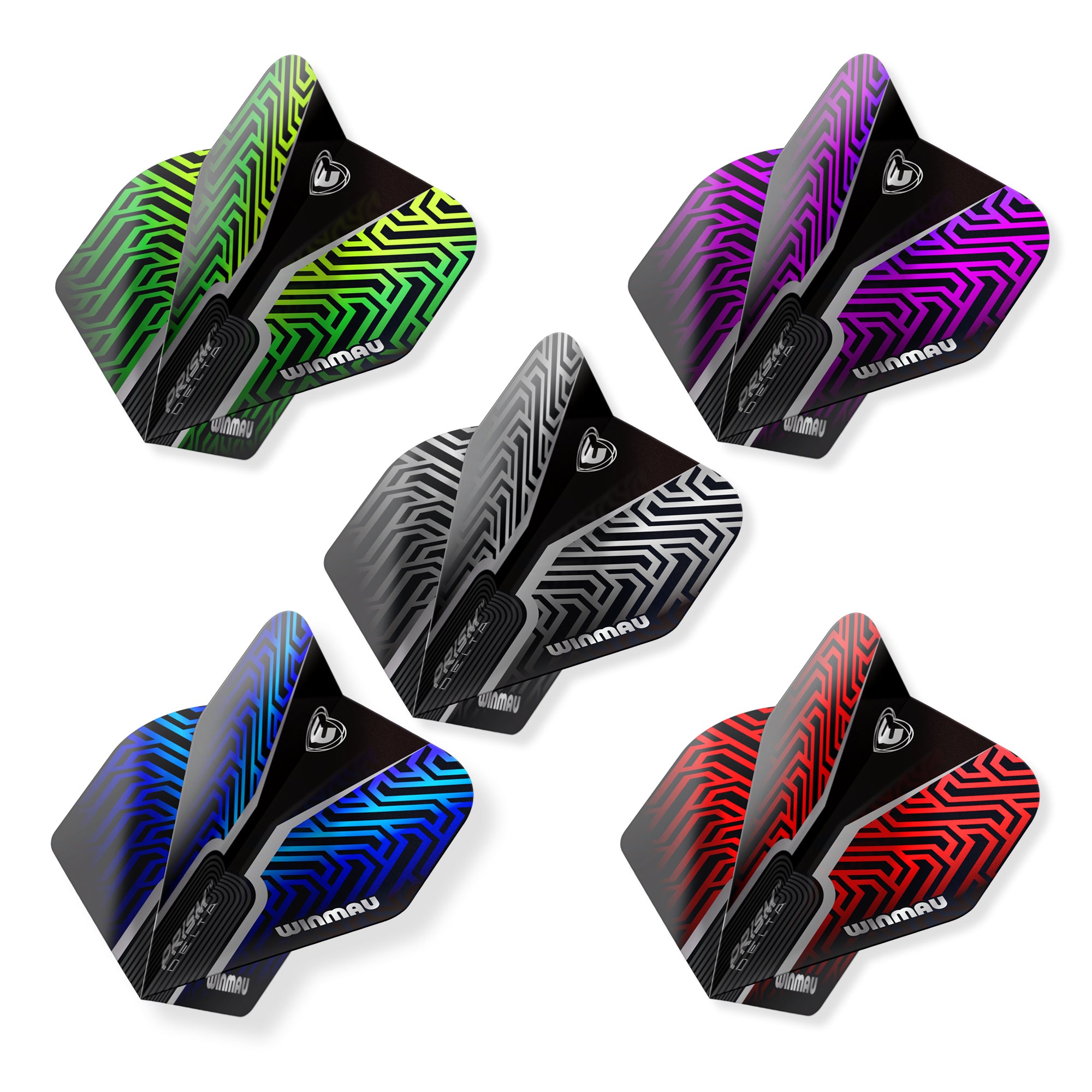 Five Winmau dart flights in green, purple, blue, black, and red on a white background