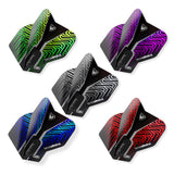 Five Winmau dart flights in green, purple, blue, black, and red on a white background