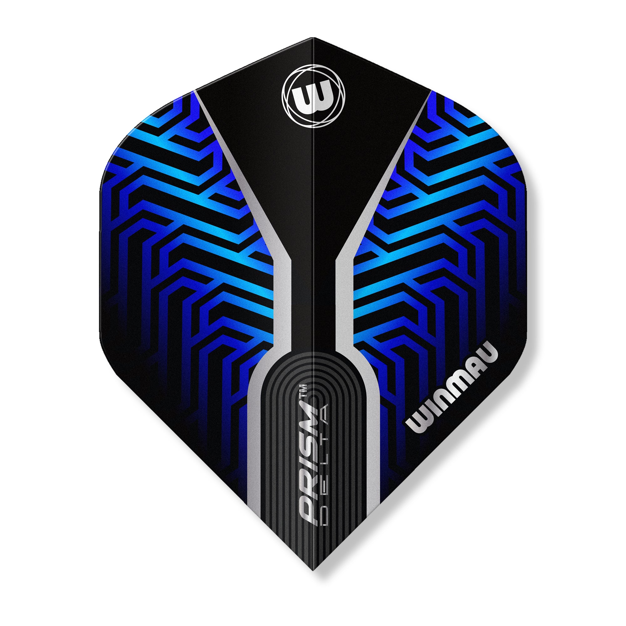 Winmau dart flight with blue and black pattern on a white background
