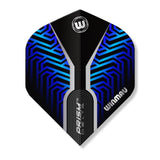 Winmau dart flight with blue and black pattern on a white background