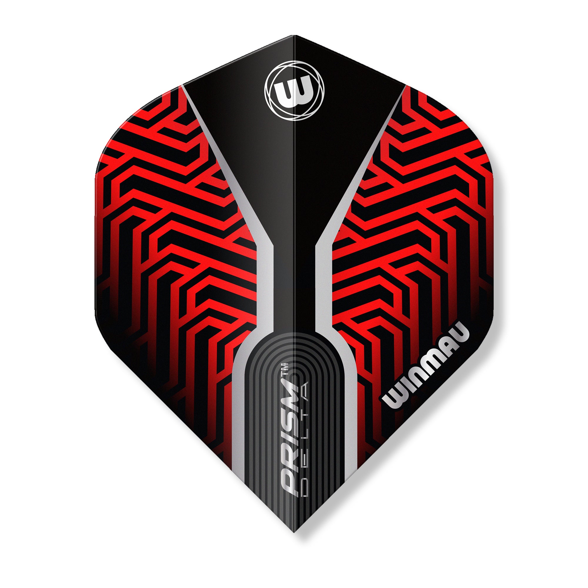 Winmau dart flight with red and black geometric pattern on a white background