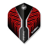 Winmau dart flight with red and black geometric pattern on a white background