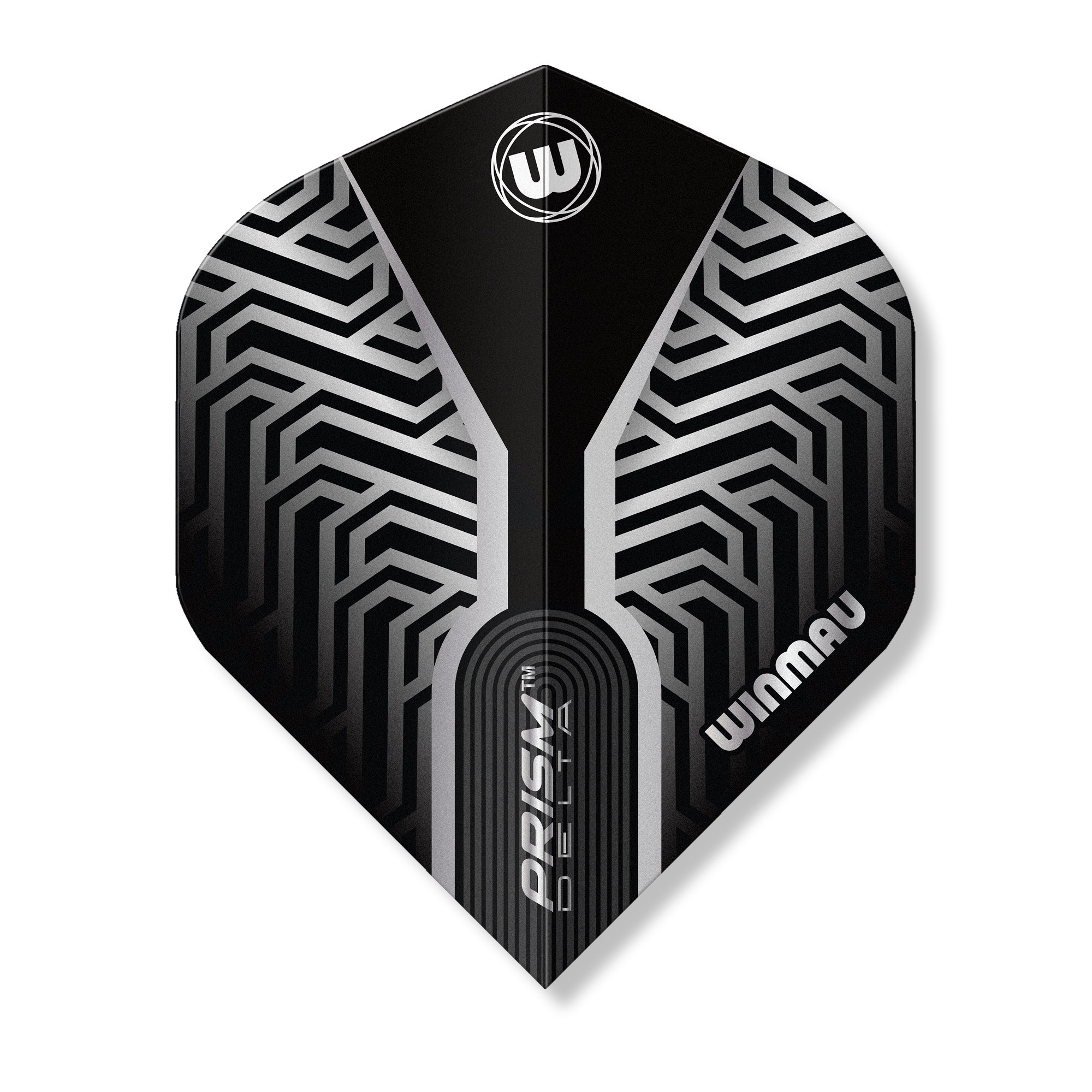 Black and silver dart flight with Winmau branding on a white background