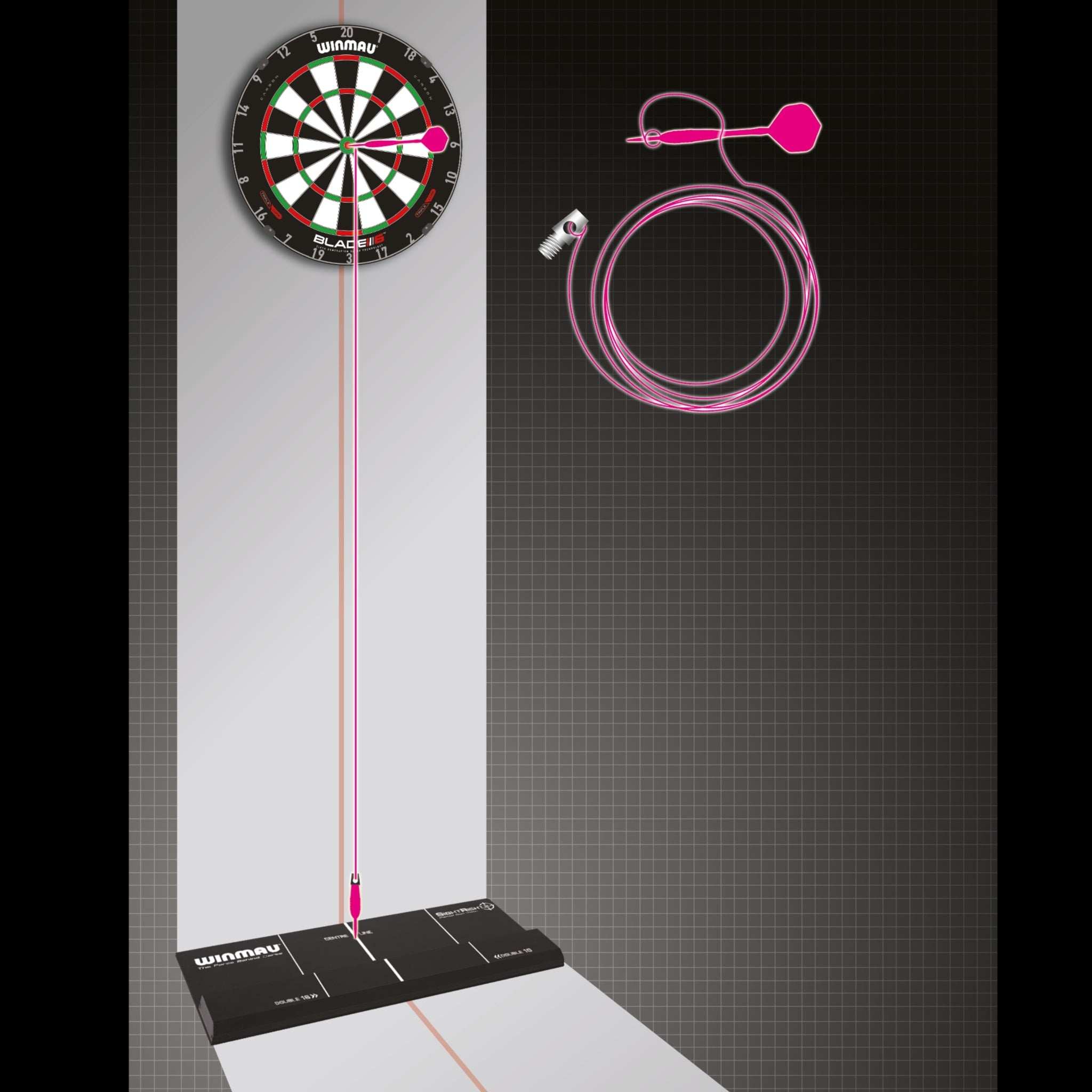 SightRight 2 dart alignment tool showing laser guide from dartboard to base for perfect aiming and improved dart accuracy
