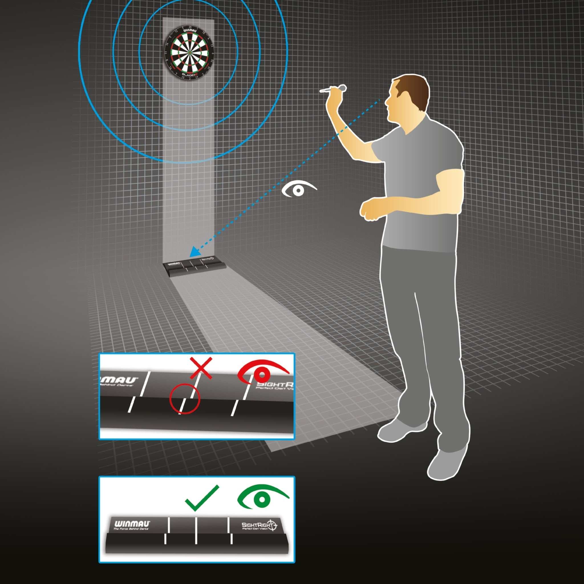 Diagram showing SightRight 2 dart vision alignment tool used to improve aiming and dart throw accuracy