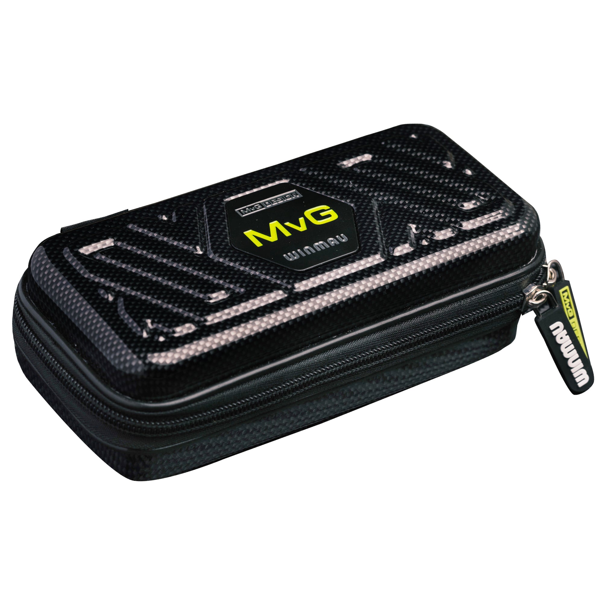 Black and yellow dart case with 'MVG' branding on a white background