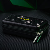 Black carrying case with 'Winmau' branding on a dark textured background