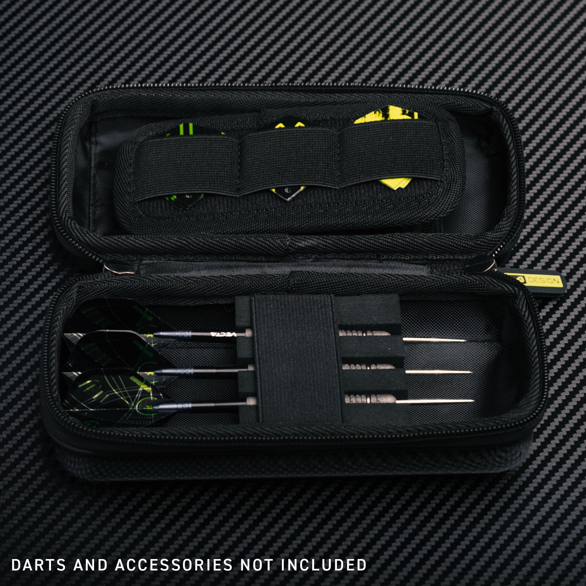Black dart case with darts on a carbon fiber background