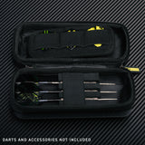 Black dart case with darts on a carbon fiber background