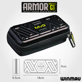 Winmau Armor G1 impact-proof darts wallet with dimensions and branding on a white background