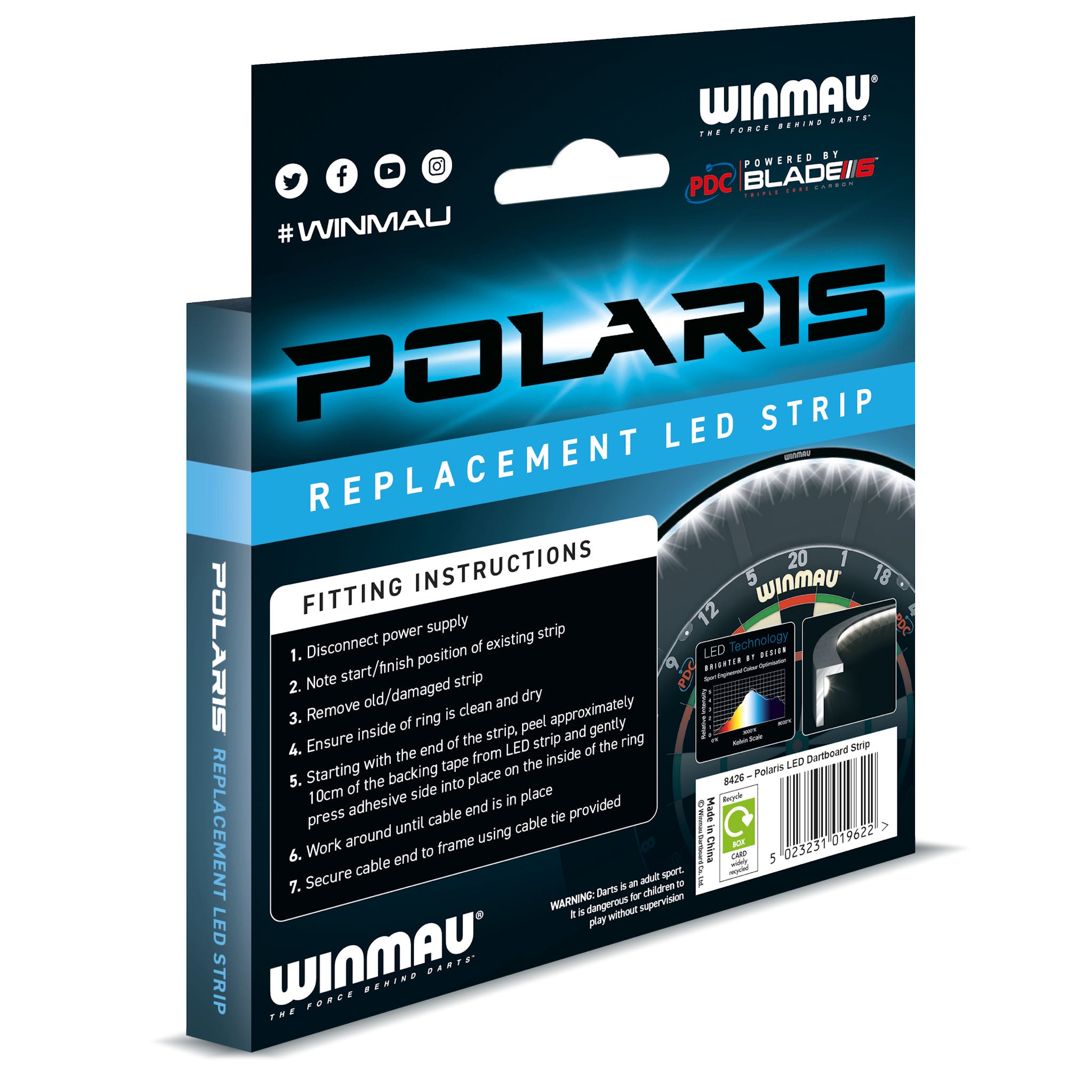 Winmau Polaris replacement LED strip packaging on a white background
