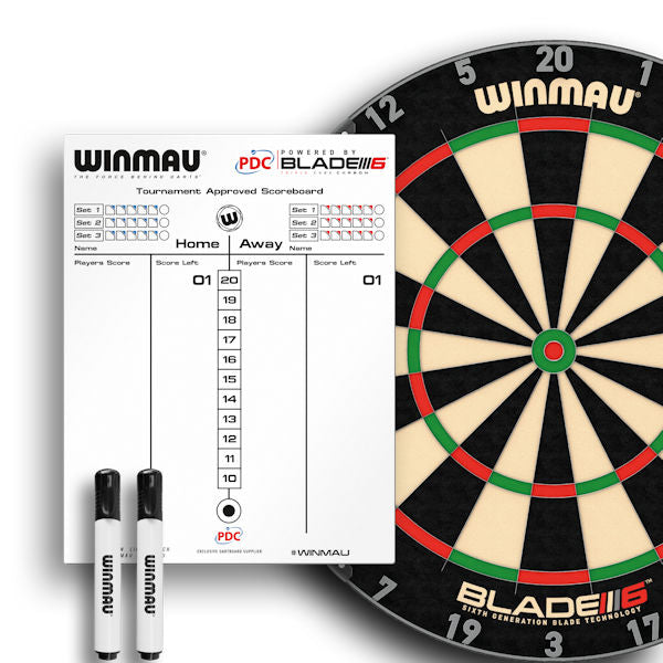 Double-sided Scoreboard by Winmau dry wipe with 2 pens with dartboard in the background