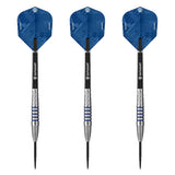 Datadart Alaris 90% Tungsten three blue darts with black and silver shafts on a white background