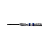 Datadart Alaris 90% Tungsten close of barrel with a silver and blue tip on a white background