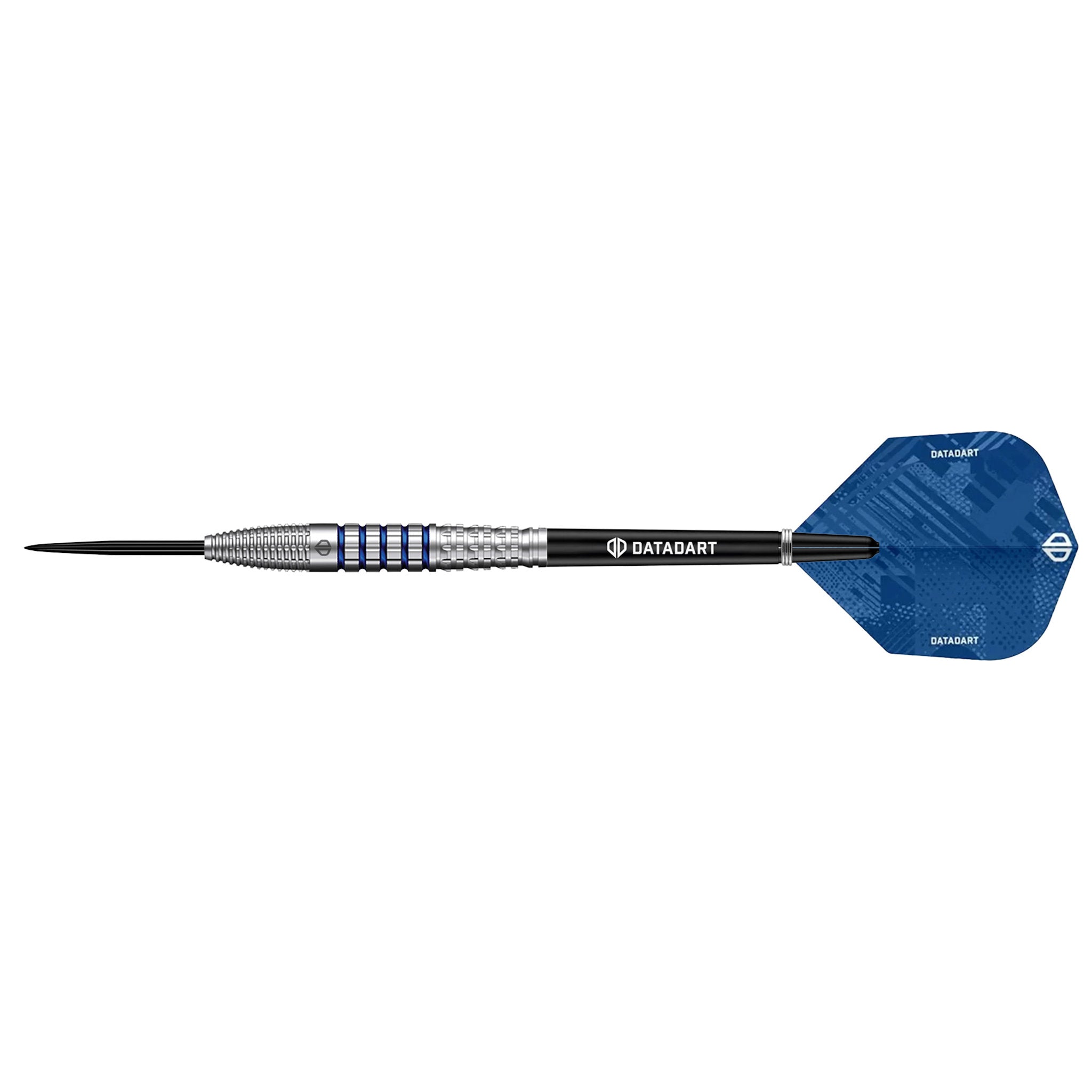 Datadart Alaris 90% Tungsten Darts with blue flight and silver shaft on a white background