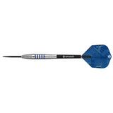 Datadart Alaris 90% Tungsten Darts with blue flight and silver shaft on a white background