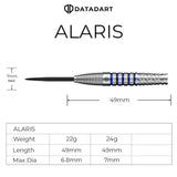Datadart Alaris dart with measurements and specifications on a white background