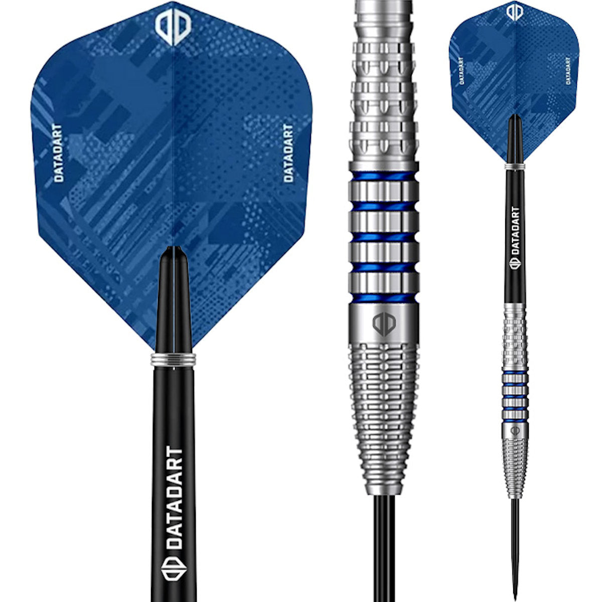 Datadart Alaris 90% Tungsten Darts with blue flight and silver shaft on a white background, featuring the Datadart brand.
