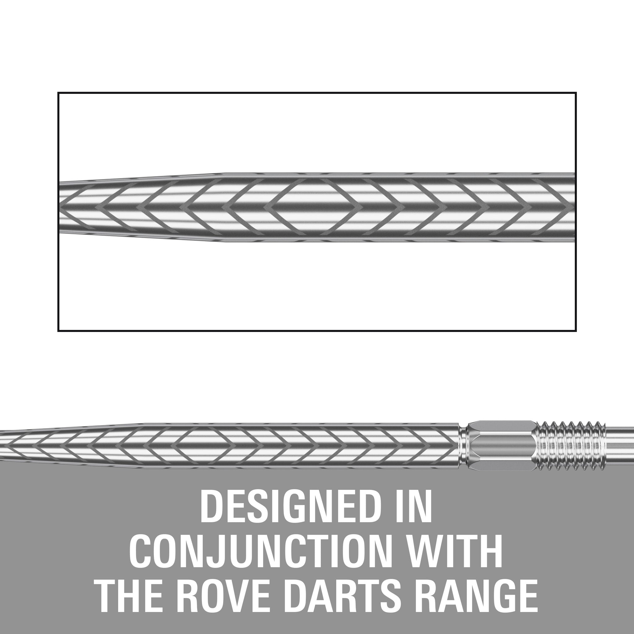 Technical product diagram showing a close-up of a braided cable RVE silver point with a threaded end, plus large text reading 'DESIGNED IN CONJUNCTION WITH THE ROVE DARTS RANGE' on a gray background.
