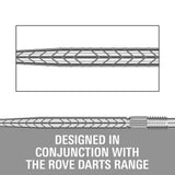 Technical product diagram showing a close-up of a braided cable RVE silver point with a threaded end, plus large text reading 'DESIGNED IN CONJUNCTION WITH THE ROVE DARTS RANGE' on a gray background.