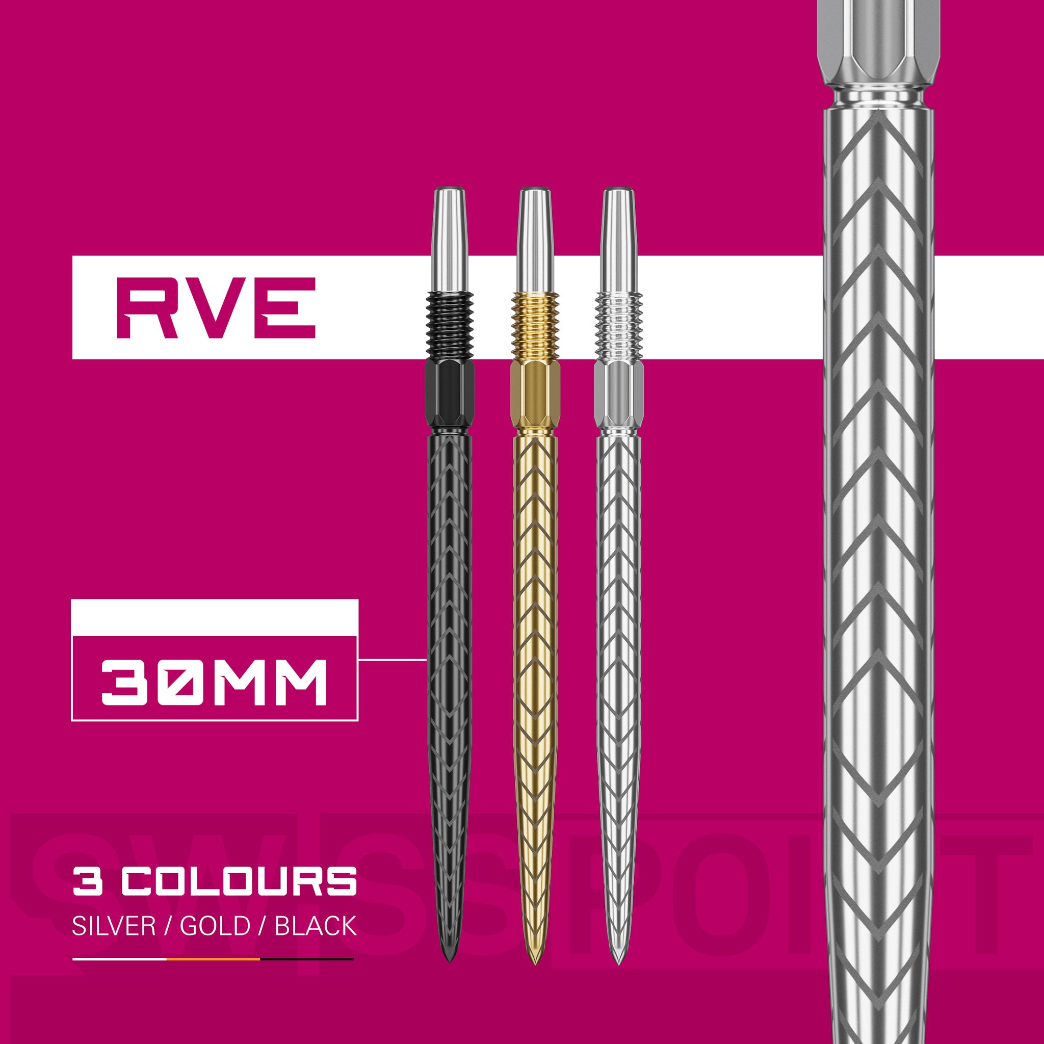 Swiss RVE Points shown on a bright pink background, labeled RVE, 30MM, and 3 COLOURS SILVER / GOLD / BLACK. A large close-up of a silver textured shaft appears on the right, with the three full shafts centered and text callouts on the left.