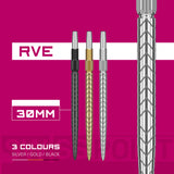 Swiss RVE Points shown on a bright pink background, labeled RVE, 30MM, and 3 COLOURS SILVER / GOLD / BLACK. A large close-up of a silver textured shaft appears on the right, with the three full shafts centered and text callouts on the left.