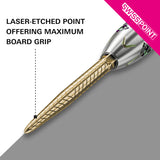 A close-up promotional graphic of a Swisspoint with a laser-etched gold grip on a white and gray background, with text reading 'LASER-ETCHED POINT OFFERING MAXIMUM BOARD GRIP' and a pink Swisspoint brand corner.