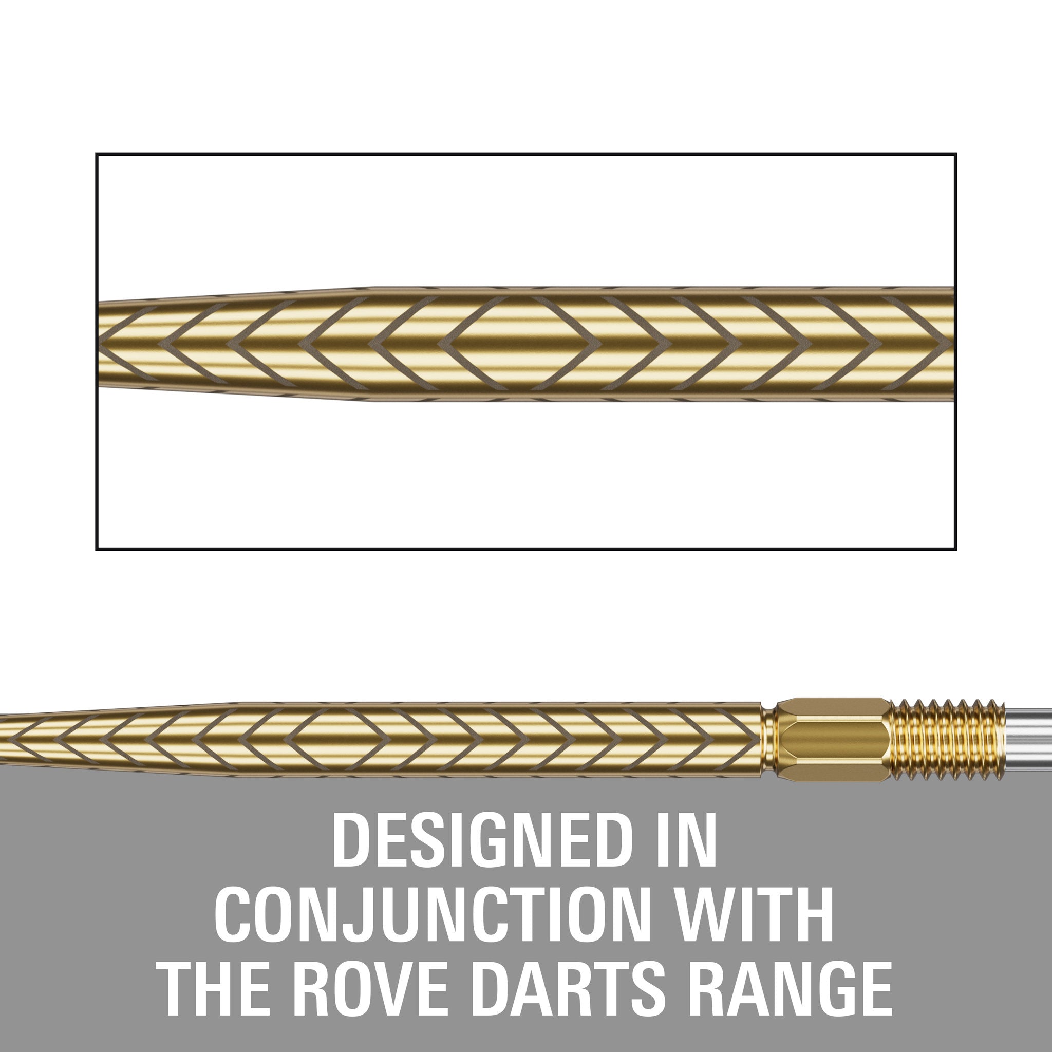 Technical product diagram showing a close-up of a braided cable RVE gold point with a threaded end, plus large text reading 'DESIGNED IN CONJUNCTION WITH THE ROVE DARTS RANGE' on a gray background.