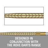 Technical product diagram showing a close-up of a braided cable RVE gold point with a threaded end, plus large text reading 'DESIGNED IN CONJUNCTION WITH THE ROVE DARTS RANGE' on a gray background.