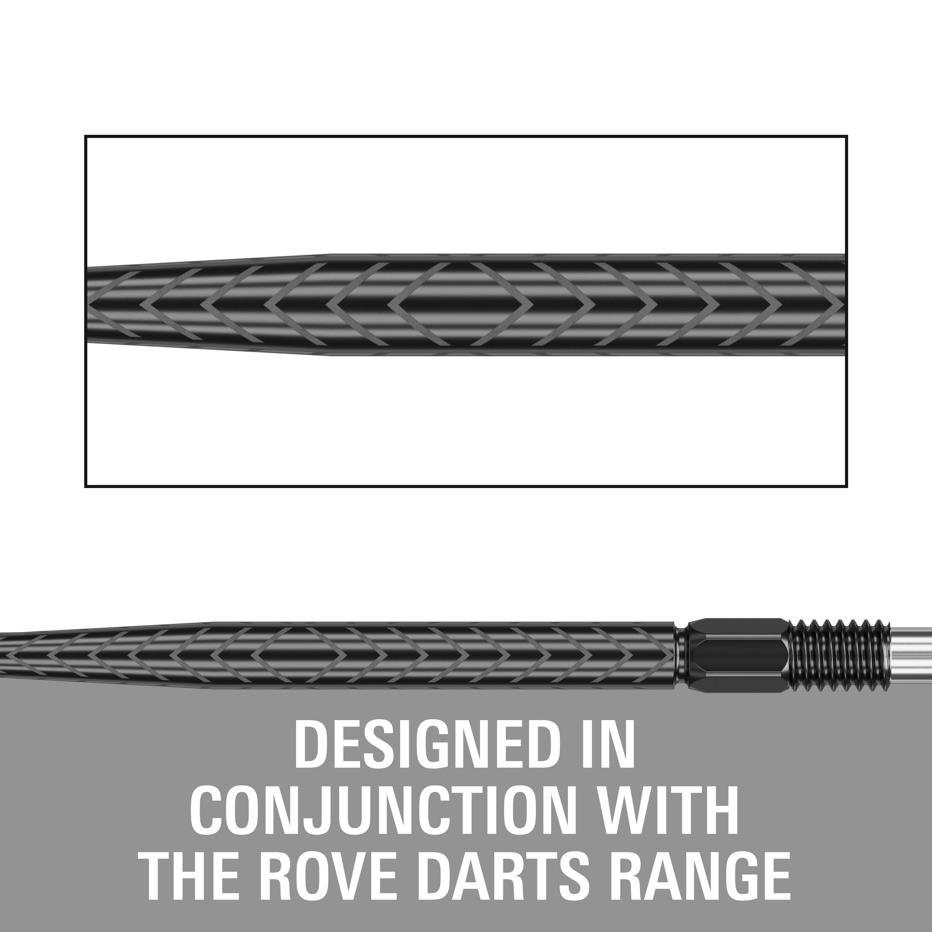 Technical product diagram showing a close-up of a braided cable RVE black point with a threaded end, plus large text reading 'DESIGNED IN CONJUNCTION WITH THE ROVE DARTS RANGE' on a gray background.