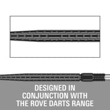 Technical product diagram showing a close-up of a braided cable RVE black point with a threaded end, plus large text reading 'DESIGNED IN CONJUNCTION WITH THE ROVE DARTS RANGE' on a gray background.