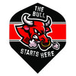 The Bull Starts Here flights feature red bull with black backdrop.