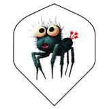 The spider flights feature black cartoon spider with big eyes and 3 darts in the butt on white backdrop